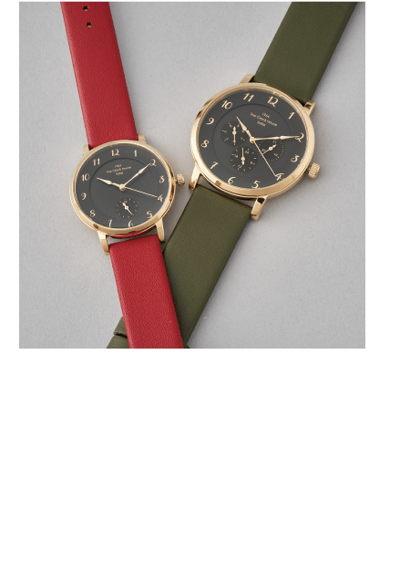 カスタマイズで二人だけの時計を。THE CLOCK HOUSEカスタマイズソーラーウォッチ緑レザーバンド・赤レザーバンド各19,800円 3F THE CLOCK HOUSE ☎047-702-7373