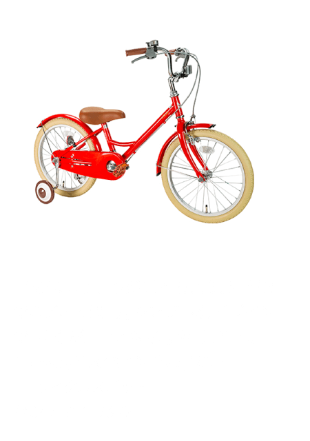 背の低い子どもが乗れるよう、細部までこだわり満載。シンプルなデザインで長く愛用できる。幼児自転車Norwayモス18インチ26,180円 1F サイクルスポット ☎047-701-7672