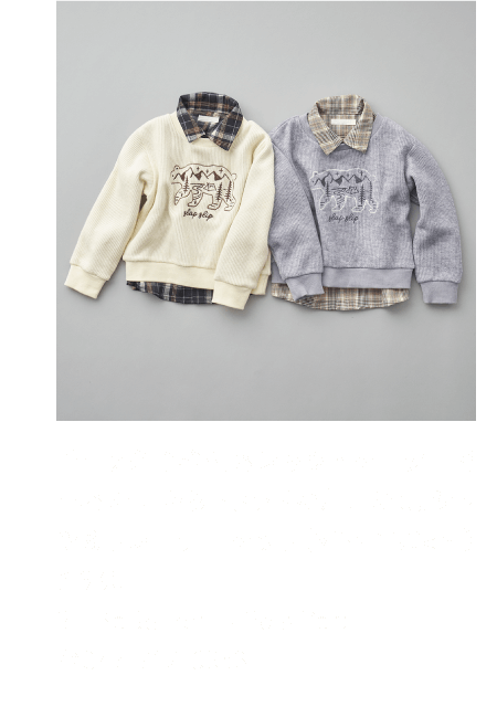 チェックの衿付きシャツとセーターで小さな時からトラッドな着こなし。シャツ＆トレーナーセット（90～130cm）3,960円 3F BeBe Petits Pois Vert ☎047-712-0353