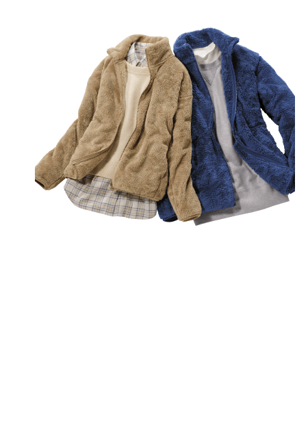 リサイクルポリエステルを使ったサステナブルなジャケットはふわふわ柔らかあたたか。MWファーリーフリースJK1,990円 2F ユニクロ ☎047-712-0481